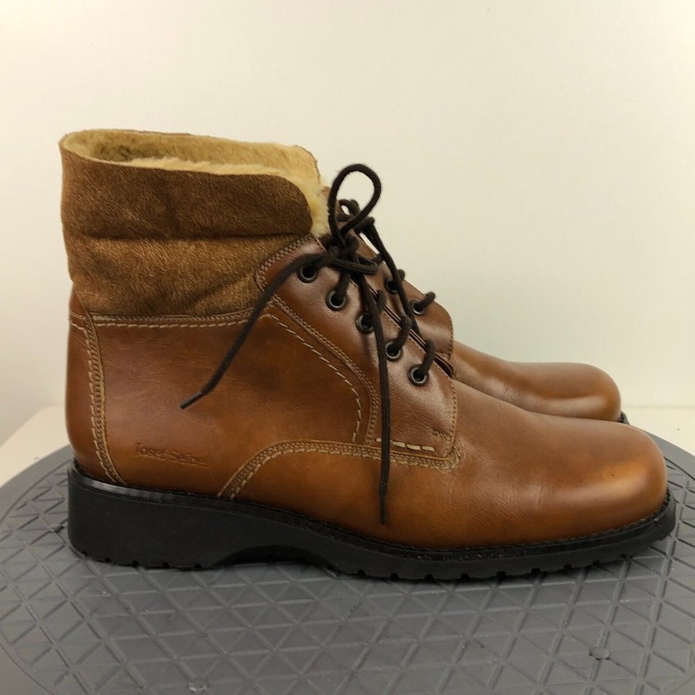 Joseph Siebel Shoes Womens Size 9.5 Brown Leather Faux Fur Lace Up Ankle Boots